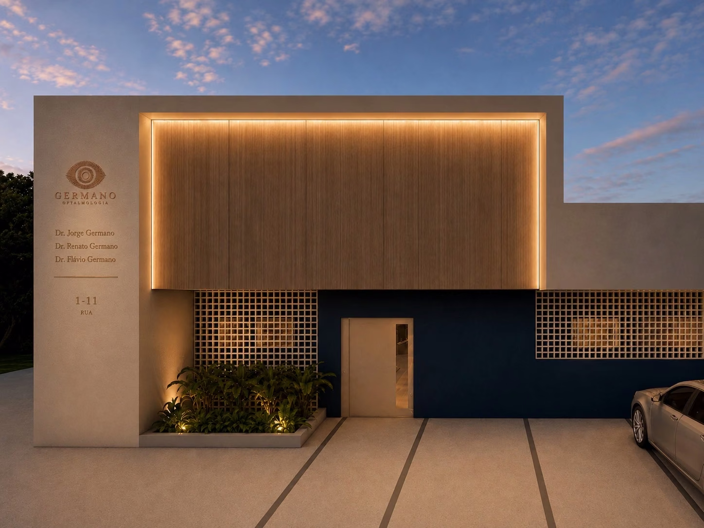 Fachada da Germano Oftalmologia em Bauru ao anoitecer, com painel de madeira iluminado, cobogós e placa com os nomes dos doutores Jorge, Renato e Flávio Germano